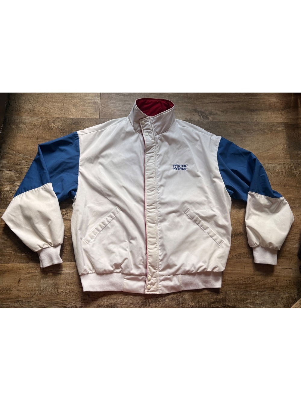 Vintage Dunbrooke Pla-Jac White, Blue, and Red PFISTER Hybrids Bomber Jacket